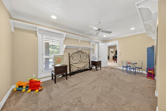 2720 Fair Oaks Cir, Odessa, TX 79762 - bedroom with carpet floors, crown molding, a textured ceiling, recessed lighting, and ceiling fan