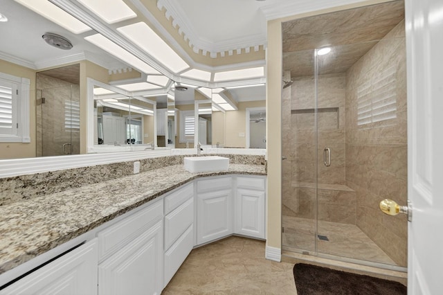 2720 Fair Oaks Cir, Odessa, TX 79762 - bathroom featuring crown molding, vanity, and a stall shower