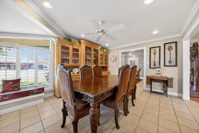 2720 Fair Oaks Cir, Odessa, TX 79762 - dining space featuring ceiling fan, light tile patterned flooring, ornamental molding, and recessed lighting