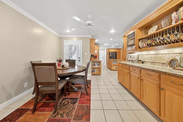2720 Fair Oaks Cir, Odessa, TX 79762 - dining area featuring crown molding, light tile patterned flooring, recessed lighting, and ceiling fan