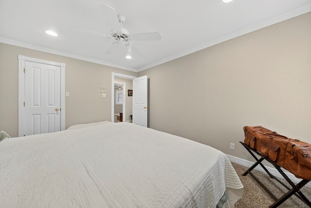 2720 Fair Oaks Cir, Odessa, TX 79762 - bedroom with carpet flooring, ornamental molding, recessed lighting, and a ceiling fan