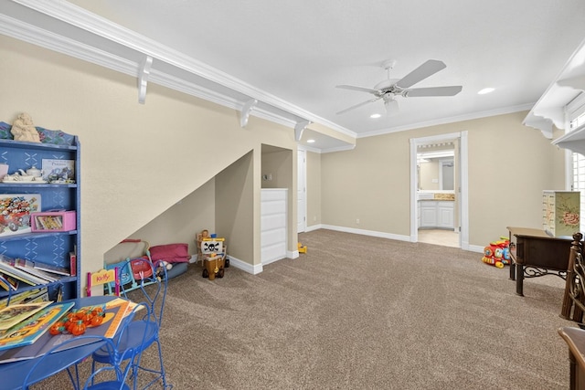 2720 Fair Oaks Cir, Odessa, TX 79762 - rec room with ceiling fan, carpet flooring, recessed lighting, and crown molding