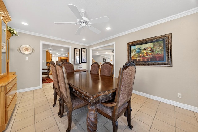 2720 Fair Oaks Cir, Odessa, TX 79762 - dining room with light tile patterned flooring, ceiling fan, ornamental molding, and recessed lighting