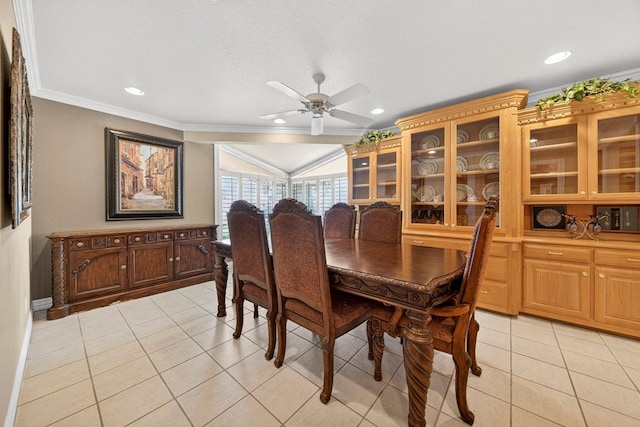 2720 Fair Oaks Cir, Odessa, TX 79762 - dining space featuring light tile patterned flooring, a ceiling fan, ornamental molding, and recessed lighting