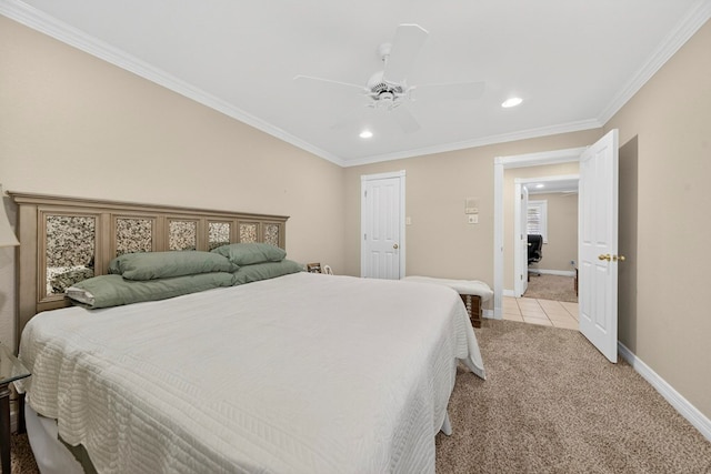 2720 Fair Oaks Cir, Odessa, TX 79762 - bedroom with recessed lighting, light colored carpet, crown molding, a ceiling fan, and light tile patterned floors