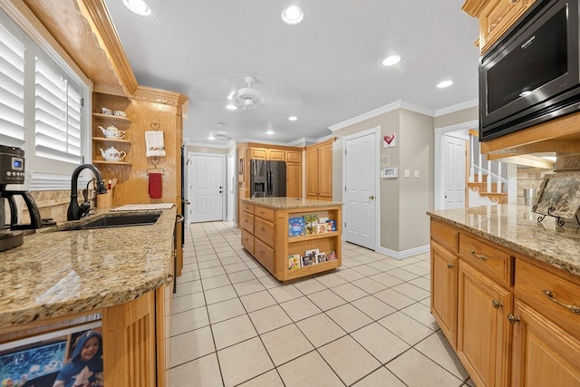 2720 Fair Oaks Cir, Odessa, TX 79762 - kitchen with open shelves, fridge with ice dispenser, stainless steel microwave, ornamental molding, and light tile patterned floors