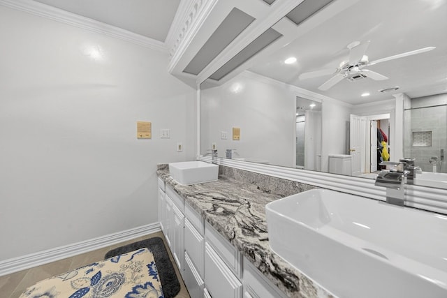 2720 Fair Oaks Cir, Odessa, TX 79762 - full bathroom with double vanity, a stall shower, ceiling fan, crown molding, and recessed lighting