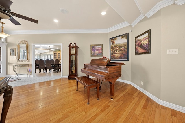 2720 Fair Oaks Cir, Odessa, TX 79762 - sitting room with a ceiling fan, crown molding, light wood finished floors, and recessed lighting