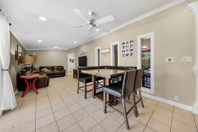 2720 Fair Oaks Cir, Odessa, TX 79762 - dining area featuring light tile patterned flooring, crown molding, a ceiling fan, and recessed lighting