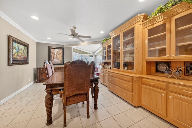 2720 Fair Oaks Cir, Odessa, TX 79762 - dining room featuring light tile patterned floors, ornamental molding, ceiling fan, and recessed lighting