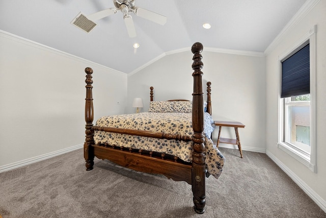 2720 Fair Oaks Cir, Odessa, TX 79762 - bedroom with carpet floors, lofted ceiling, crown molding, and ceiling fan