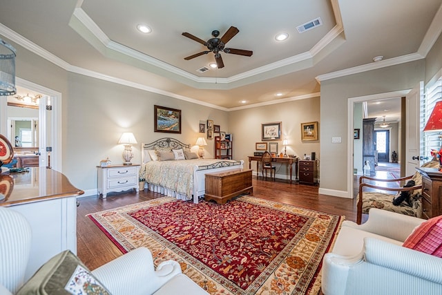 1006 W Cuthbert Ave, Midland, TX 79701 - bedroom with a raised ceiling, multiple windows, dark wood-style floors, crown molding, and recessed lighting