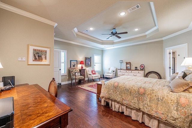 1006 W Cuthbert Ave, Midland, TX 79701 - bedroom with a raised ceiling, ornamental molding, dark wood finished floors, recessed lighting, and ceiling fan