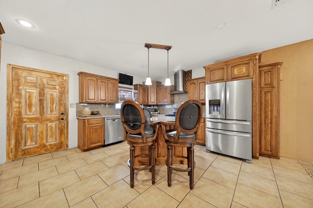 1321 Lindberg St, Odessa, TX 79763 - kitchen featuring appliances with stainless steel finishes, wall chimney range hood, decorative backsplash, light countertops, and light tile patterned floors