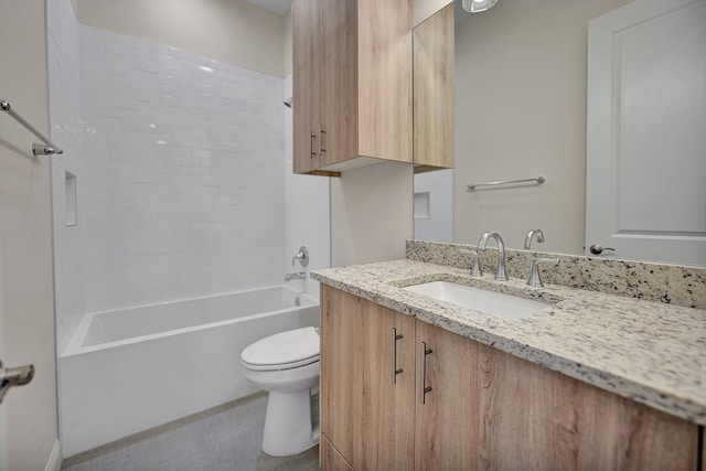 bathroom with toilet, tub / shower combination, and vanity