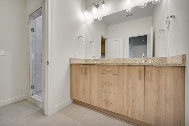 full bathroom with visible vents, baseboards, tile patterned floors, a sink, and a stall shower