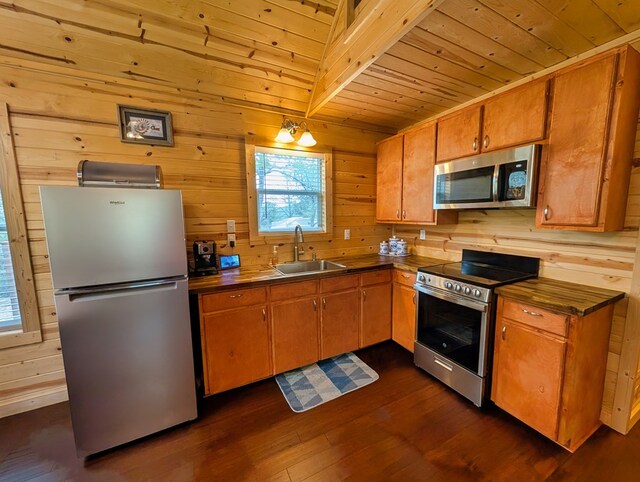307 Cochise Canyon Trl, Fort Davis, TX 79734 - kitchen featuring appliances with stainless steel finishes, a sink, wood ceiling, plenty of natural light, and wood walls