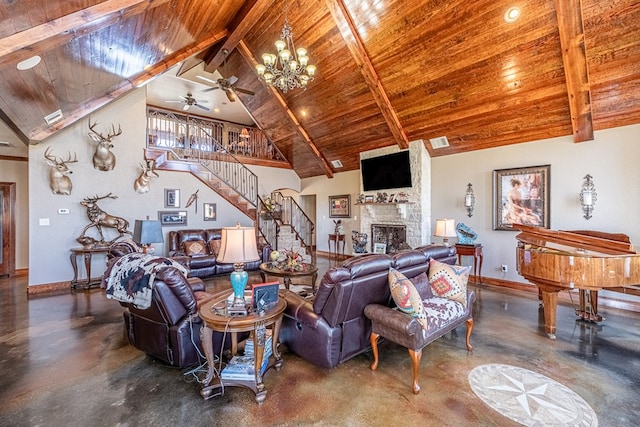 651 Fm 1757, Seminole, TX 79360 - living room featuring finished concrete floors, stairway, wooden ceiling, a fireplace, and ceiling fan