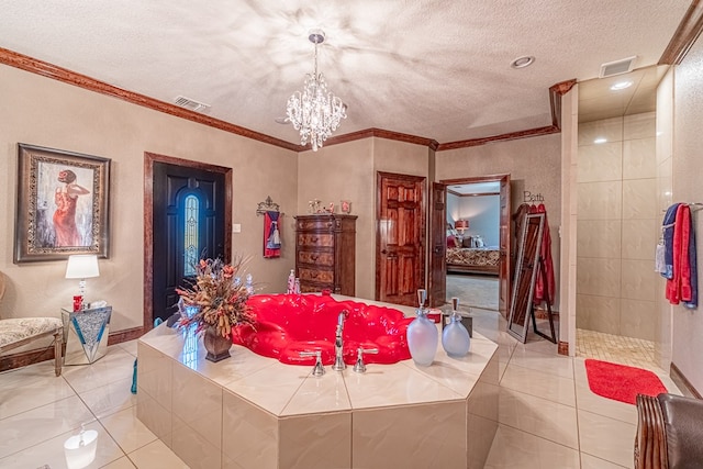 651 Fm 1757, Seminole, TX 79360 - ensuite bathroom with tile patterned flooring, a chandelier, crown molding, a textured ceiling, and a walk in shower