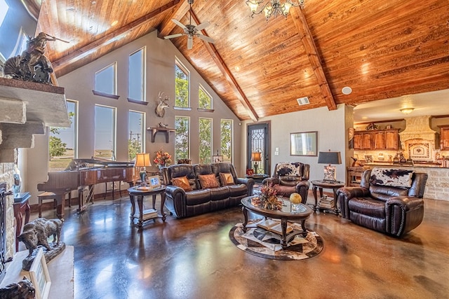 651 Fm 1757, Seminole, TX 79360 - living room featuring a wooden ceiling with exposed beams, finished concrete floors, high vaulted ceiling, and a ceiling fan