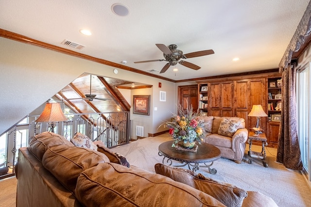 651 Fm 1757, Seminole, TX 79360 - living area with ceiling fan, light colored carpet, ornamental molding, and recessed lighting