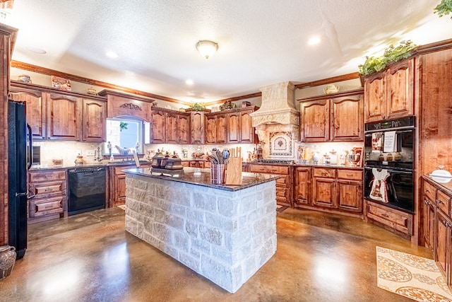 651 Fm 1757, Seminole, TX 79360 - kitchen with black appliances, custom exhaust hood, concrete flooring, decorative backsplash, and ornamental molding