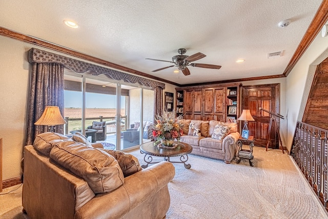 651 Fm 1757, Seminole, TX 79360 - carpeted living area featuring ornamental molding, a textured ceiling, and ceiling fan