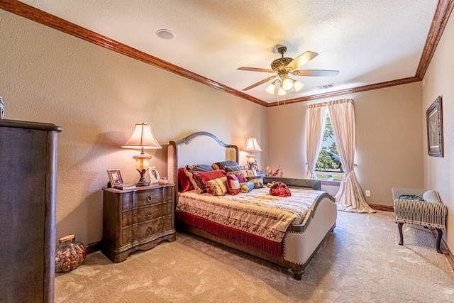 651 Fm 1757, Seminole, TX 79360 - bedroom with ornamental molding, carpet floors, a textured wall, a textured ceiling, and ceiling fan