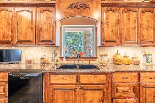 651 Fm 1757, Seminole, TX 79360 - kitchen featuring black dishwasher, decorative backsplash, dark stone countertops, and brown cabinetry