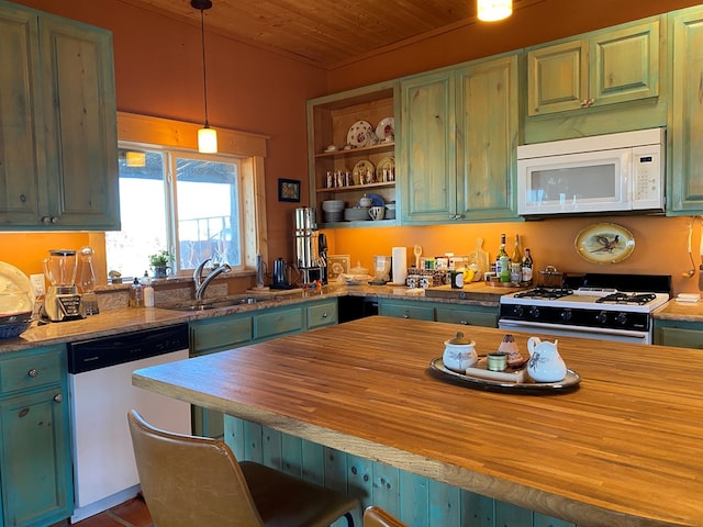 kitchen with pendant lighting, sink, green cabinets, wooden ceiling, and white appliances