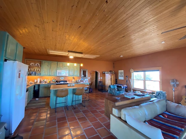 living room featuring dark tile patterned floors and wooden ceiling