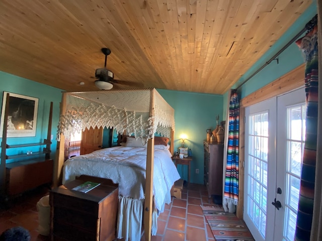 tiled bedroom featuring wooden ceiling, french doors, and ceiling fan