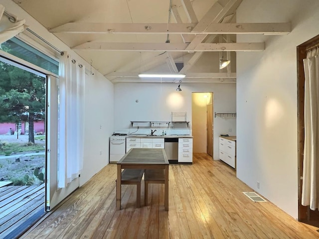 308 E Murphy St, Marfa, TX 79843 - kitchen featuring light wood finished floors, dishwasher, white cabinetry, and visible vents