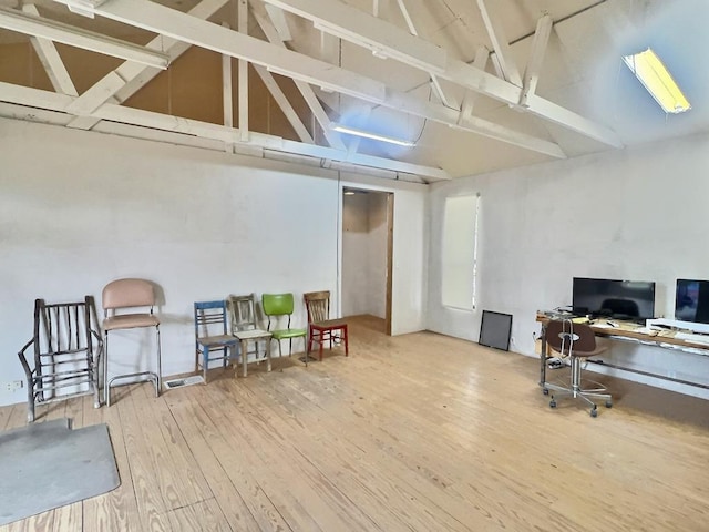 308 E Murphy St, Marfa, TX 79843 - office featuring visible vents, wood finished floors, beamed ceiling, and high vaulted ceiling