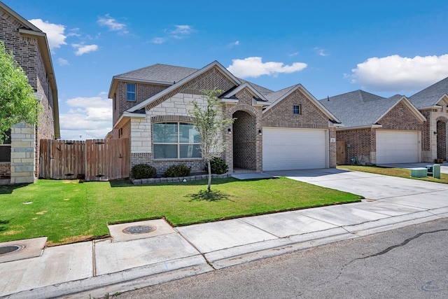 view of front of house featuring driveway, brick siding, fence, a garage, and a front lawn
