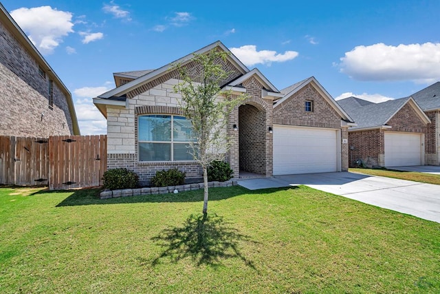 view of front facade with brick siding, fence, a garage, concrete driveway, and a front lawn