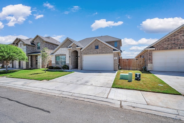 view of front of property with brick siding, fence, an attached garage, concrete driveway, and a front lawn