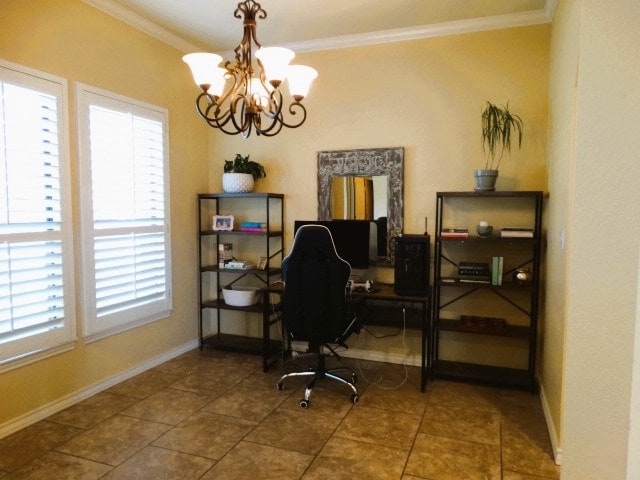 1 Warwick Dr, Odessa, TX 79765 - office featuring a chandelier, crown molding, and baseboards