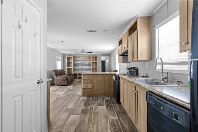 5714 Ector Ave, Odessa, TX 79714 - kitchen featuring black appliances, open shelves, dark wood-style flooring, open floor plan, and a peninsula