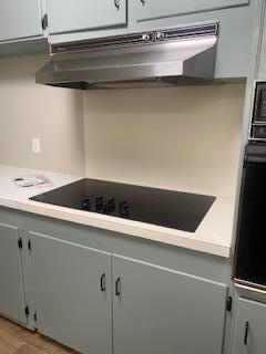 906 S Franklin Ave, Monahans, TX 79756 - kitchen featuring under cabinet range hood, wood finished floors, gray cabinetry, black appliances, and light countertops