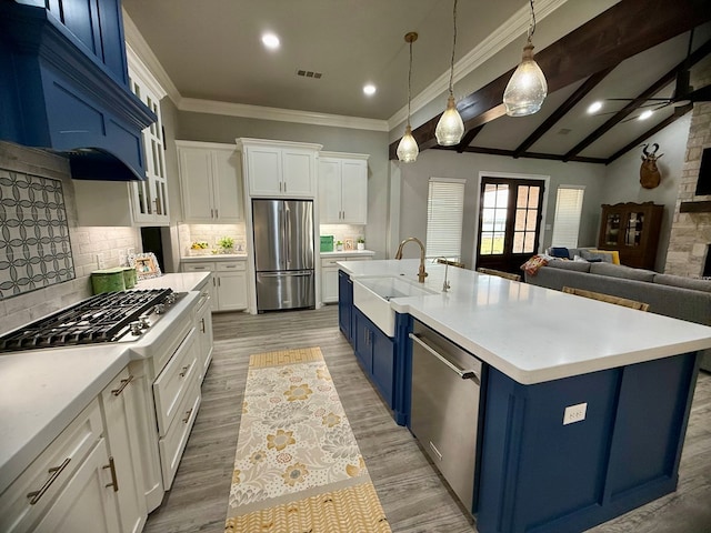 kitchen with a sink, visible vents, blue cabinetry, appliances with stainless steel finishes, and custom range hood