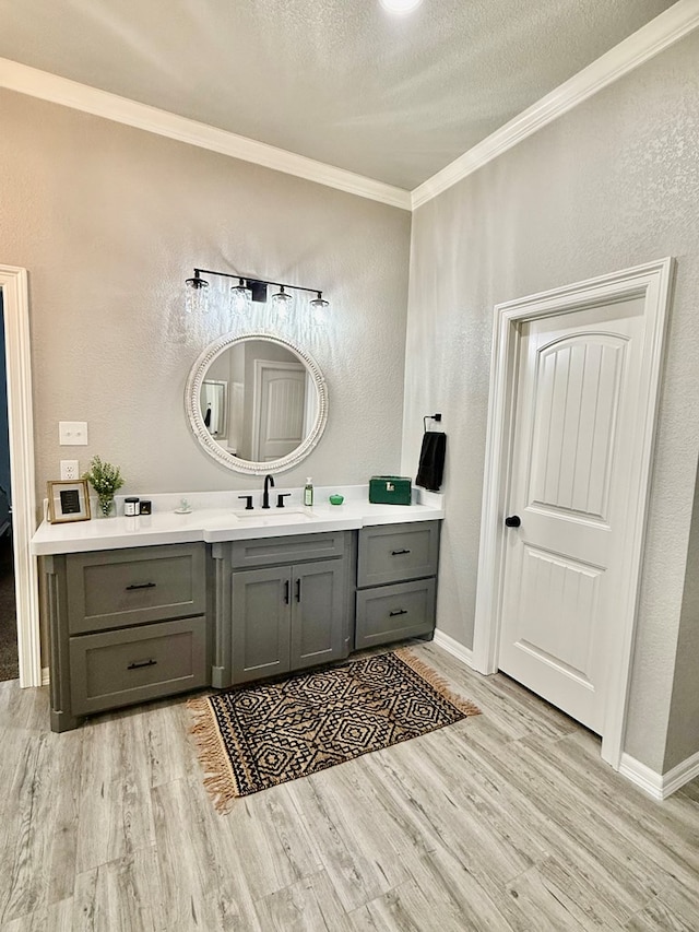 bathroom featuring wood finished floors, vanity, ornamental molding, a textured ceiling, and a textured wall