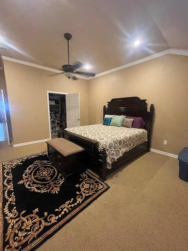 3934 N Bucknell Ave, Odessa, TX 79764 - carpeted bedroom with crown molding, baseboards, ceiling fan, recessed lighting, and vaulted ceiling