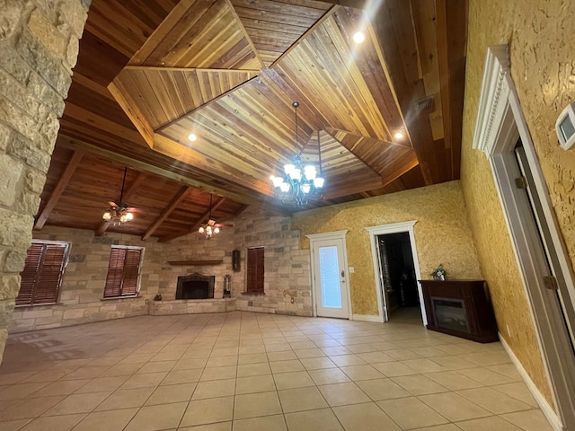 3934 N Bucknell Ave, Odessa, TX 79764 - unfurnished living room featuring a stone fireplace, wood ceiling, tile patterned floors, a ceiling fan, and a chandelier