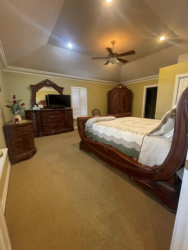 3934 N Bucknell Ave, Odessa, TX 79764 - bedroom featuring light colored carpet, lofted ceiling, ornamental molding, recessed lighting, and a ceiling fan