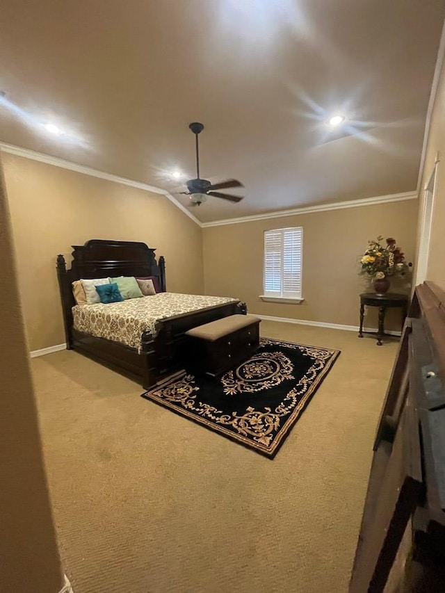 3934 N Bucknell Ave, Odessa, TX 79764 - carpeted bedroom with baseboards, lofted ceiling, crown molding, ceiling fan, and recessed lighting