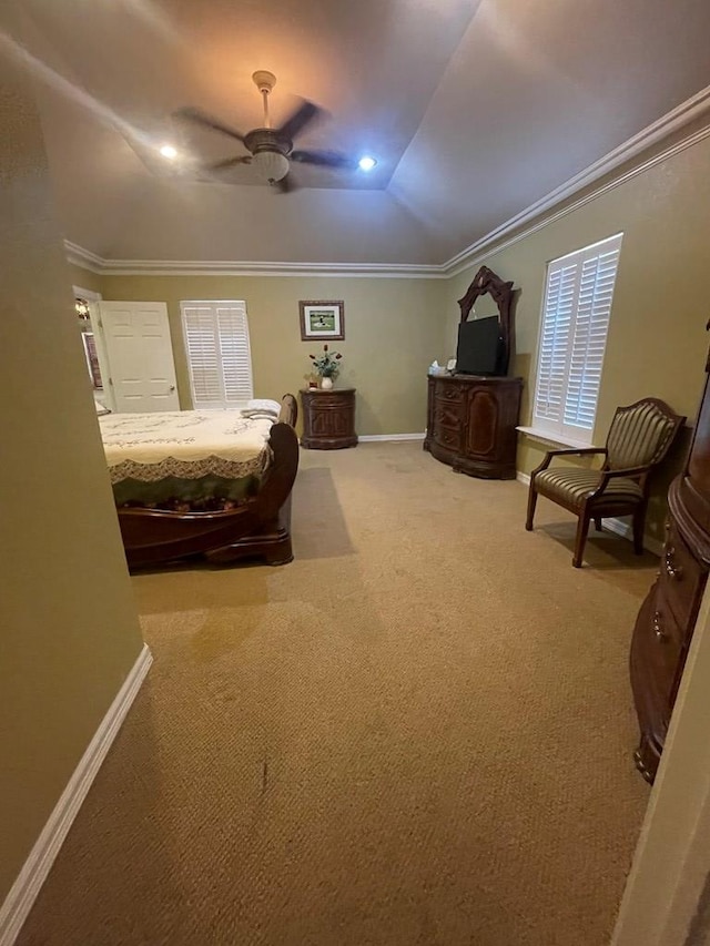 3934 N Bucknell Ave, Odessa, TX 79764 - bedroom with carpet, baseboards, crown molding, vaulted ceiling, and a ceiling fan