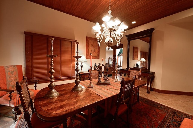 tiled dining room featuring wooden ceiling and a chandelier