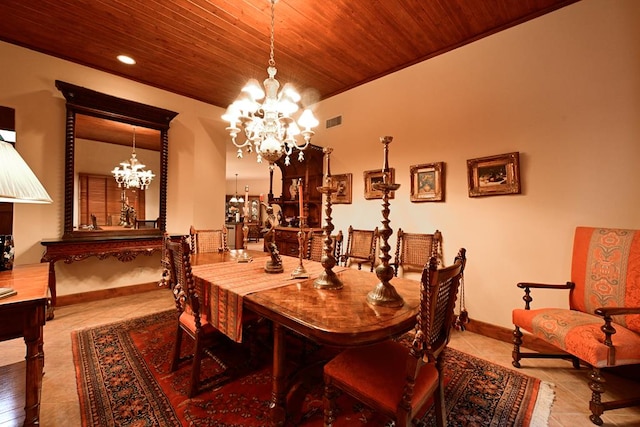 tiled dining area with wooden ceiling and a notable chandelier