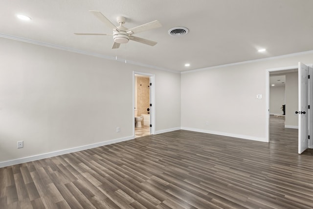 622 W Hillmont Rd, Odessa, TX 79764 - unfurnished room with dark wood finished floors, ornamental molding, recessed lighting, and a ceiling fan
